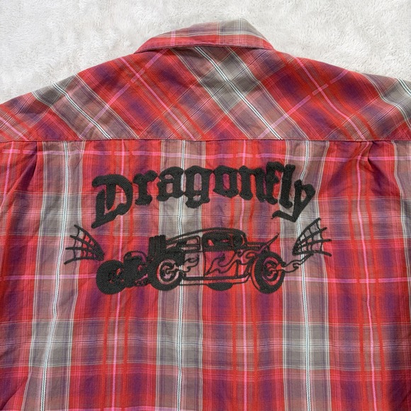 Dragonfly by Edward Dada Other - Dragonfly Edward Dada Mens XXL Red Plaid Hot Rod Embroidered Button Shirt